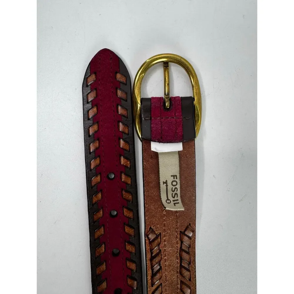 Vintage Fossil Two Tone Braided Leather Belt with Oval Brass Buckle Large